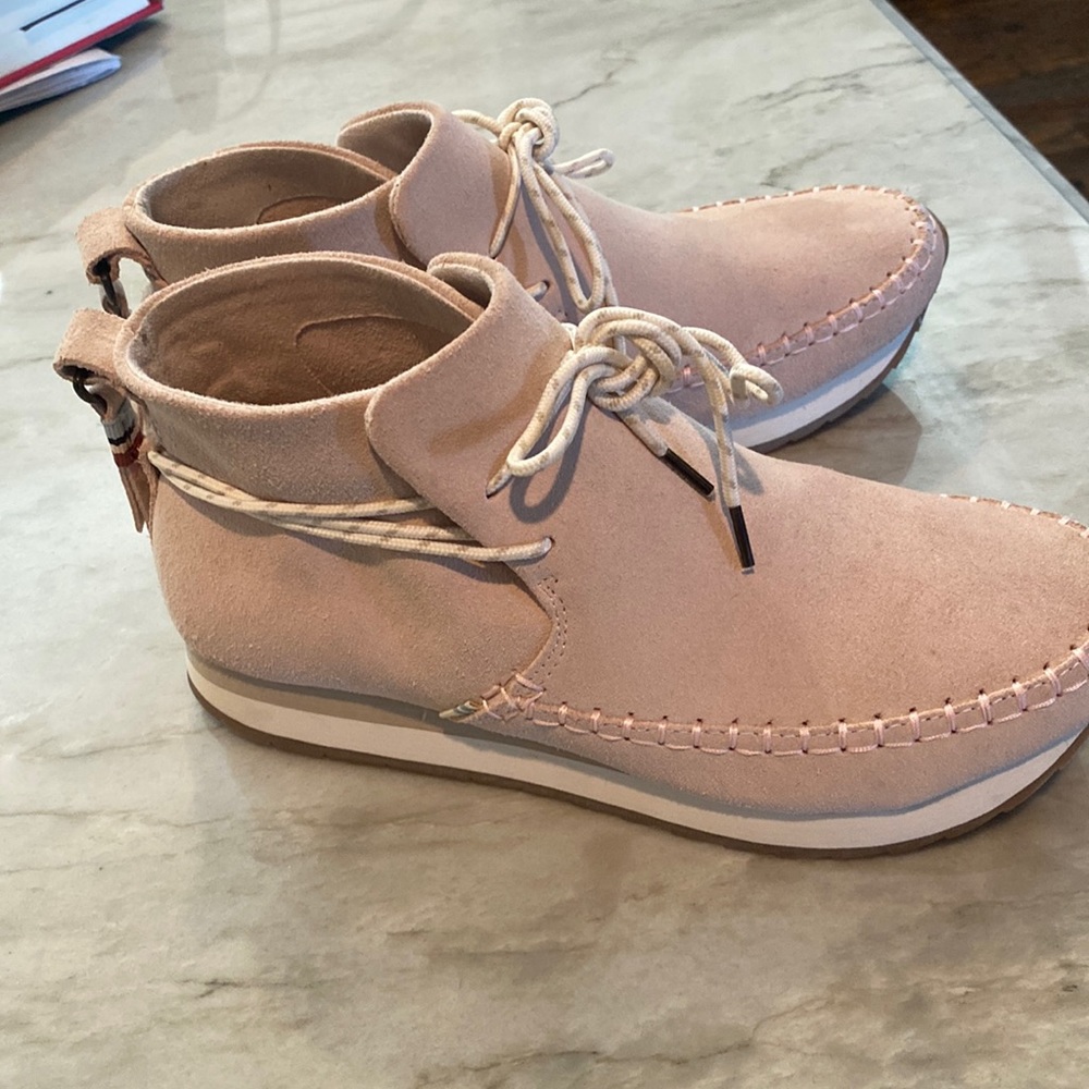 Blush pink suede moccasin style slip on shoe by Toms